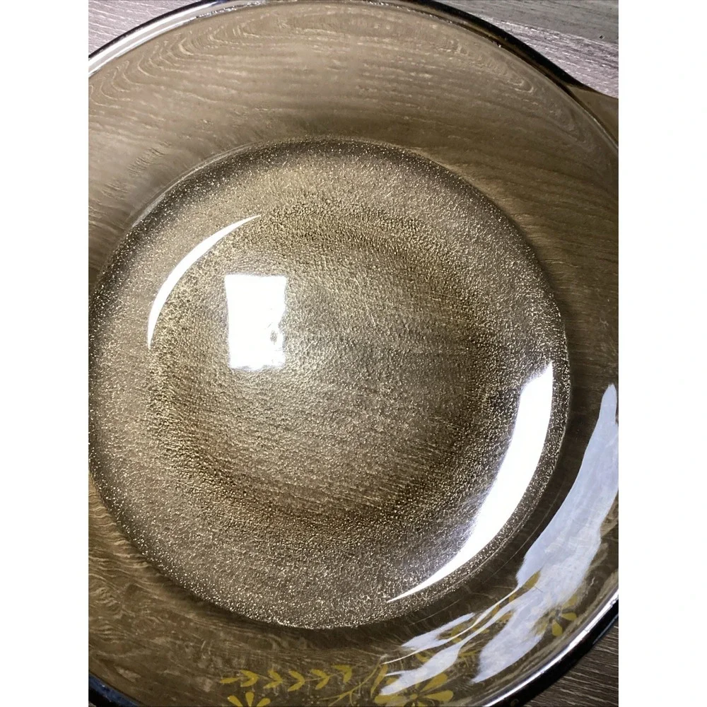 Vintage Glasbake Smoked Amber Glass Round Casserole Dish Yellow Daisies 1970s